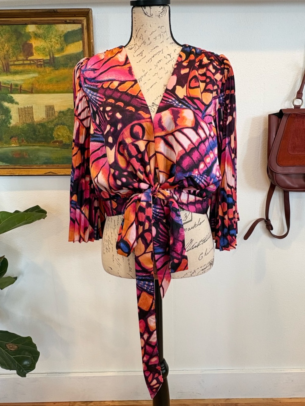 Skies Are Blue Pink & Orange Butterfly-Print Wrap Blouse